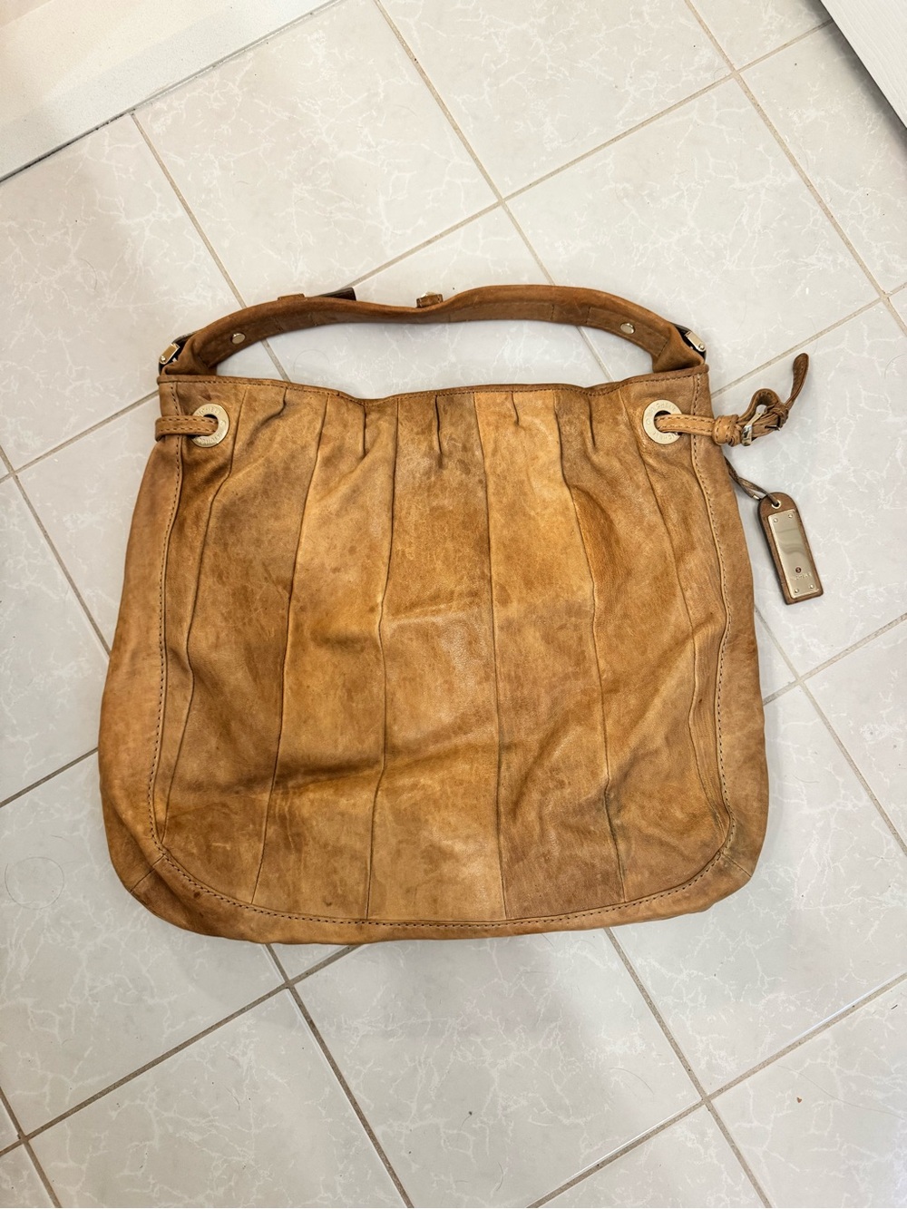 MICHELE Tan Distressed Leather Hobo Shoulder Bag